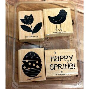 2004 STAMPIN' UP! SPRING FLING WOOD MOUNT RUBBER STAMP SET OF 4 EASTER EGG CHICK